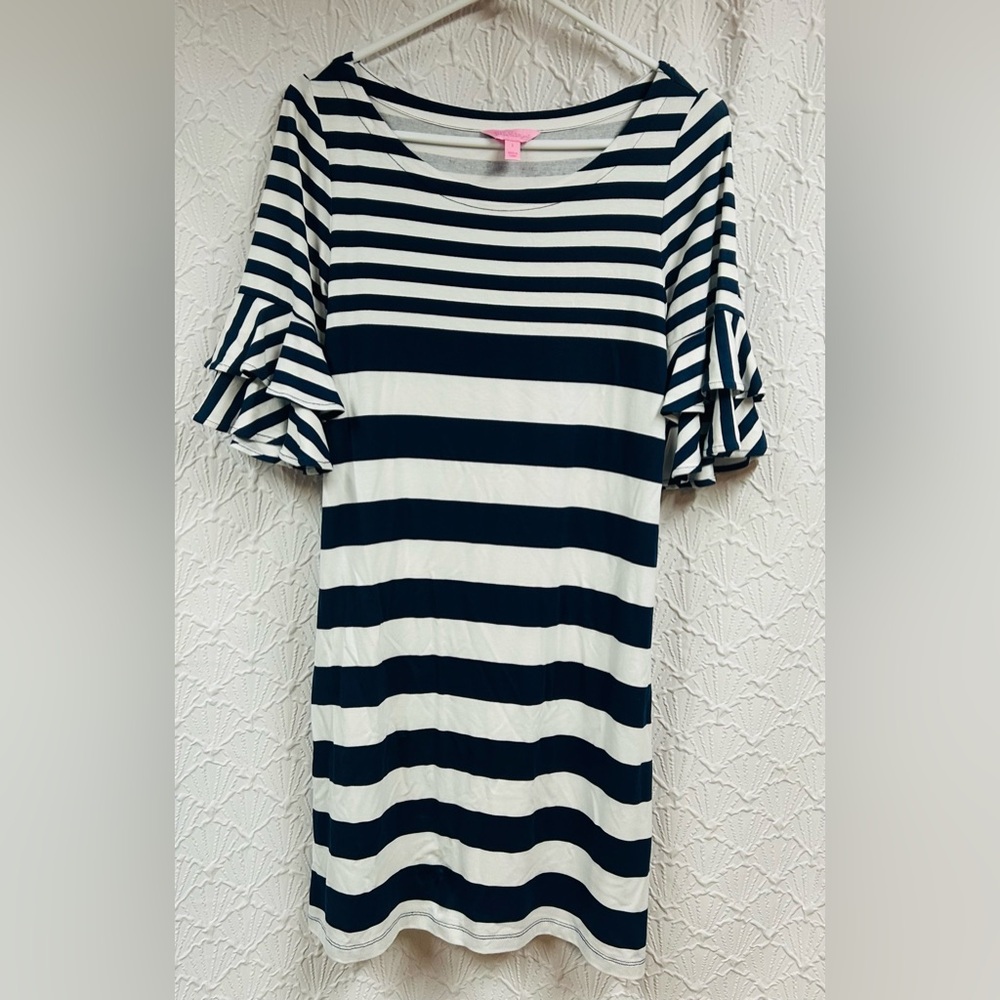 Lilly Pulitzer Small Lula has Navy and White Striped Dress with Ruffle Sleeves